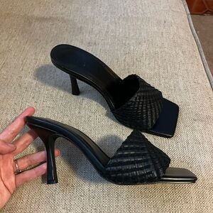 Black square toe braided heels